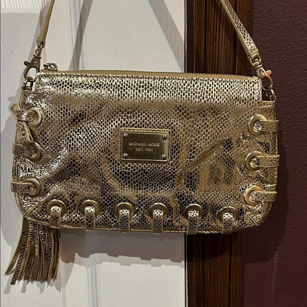 Michael Kors Metallic Gold Snake-Embossed Shoulder Bag with Tassel hobo - Picture 2 of 5